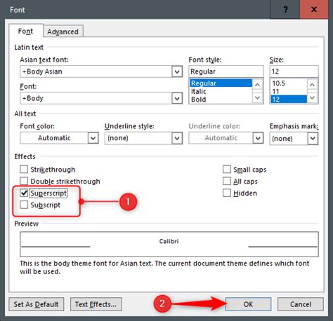 Format text as superscript or subscript .